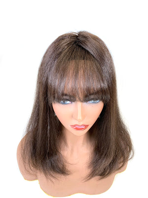 Hair Topper with Kinky Straight Bangs -100% Human Hair 14"