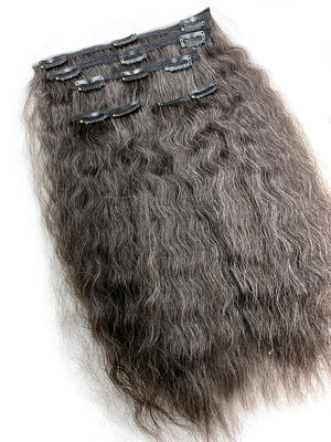 5 piece Kinky Straight 14" Clip on Hair, 75% Gray Hair 25% Black - Hairesthetic