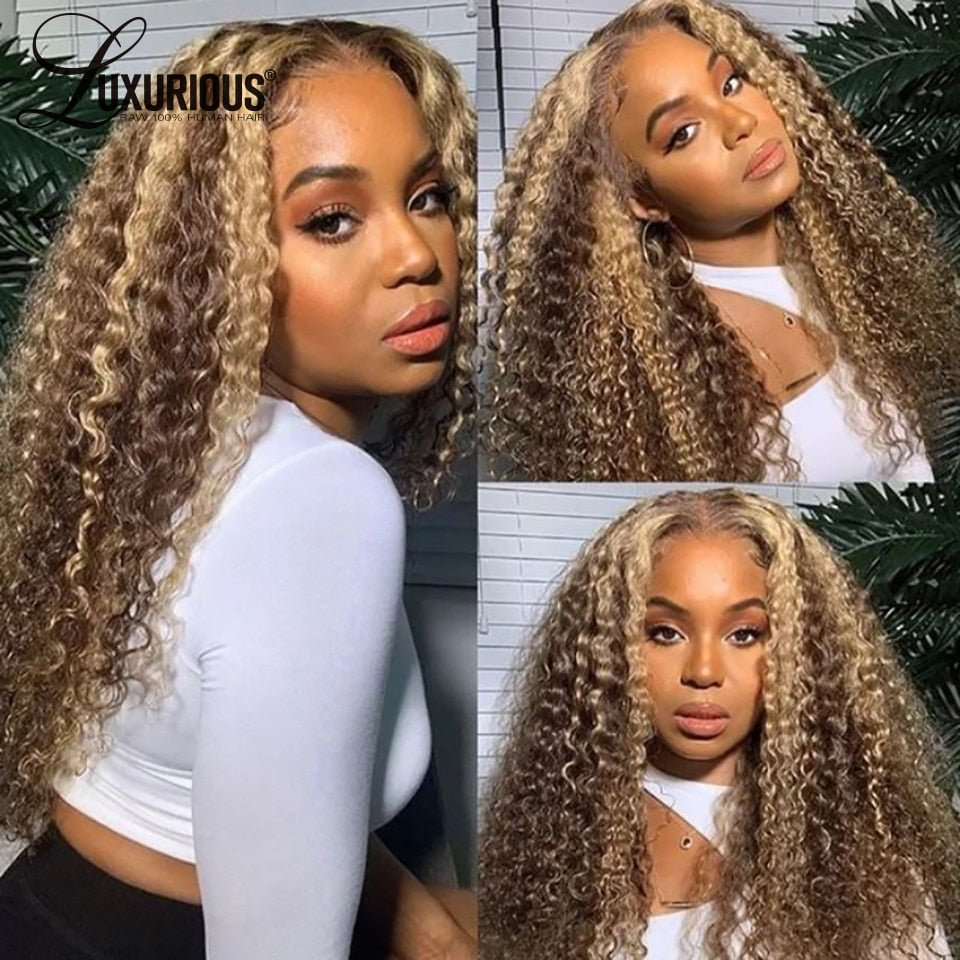 Kinky Curly Highlight Lace Front Wig Human Hair Blonde Pre Plucked