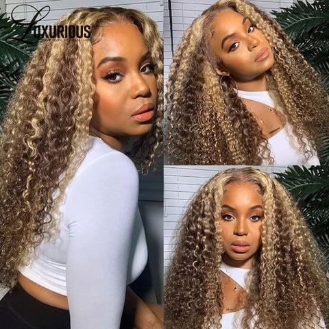 Kinky Curly Highlight Lace Front Wig Human Hair Blonde Pre Plucked With Baby Hair Brown.