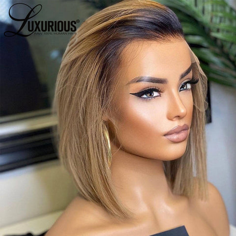 Dark Rooted with Honey Blonde Colored Lace Front Bob Wig.